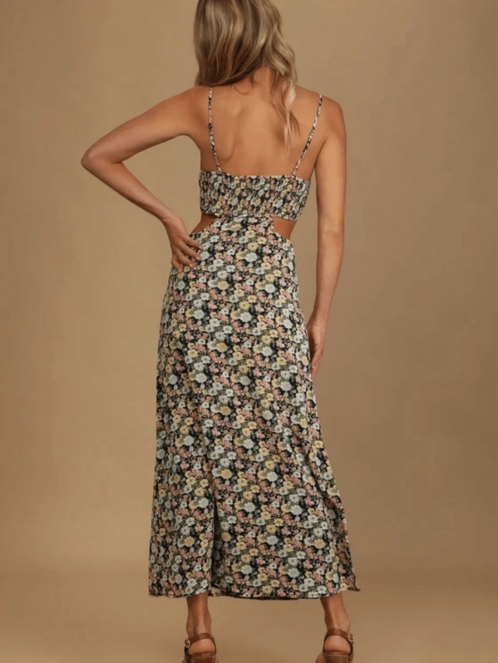 Lulu's Black Floral Cutout Midi Dress with Pastel Blooms - Picture 3 of 14